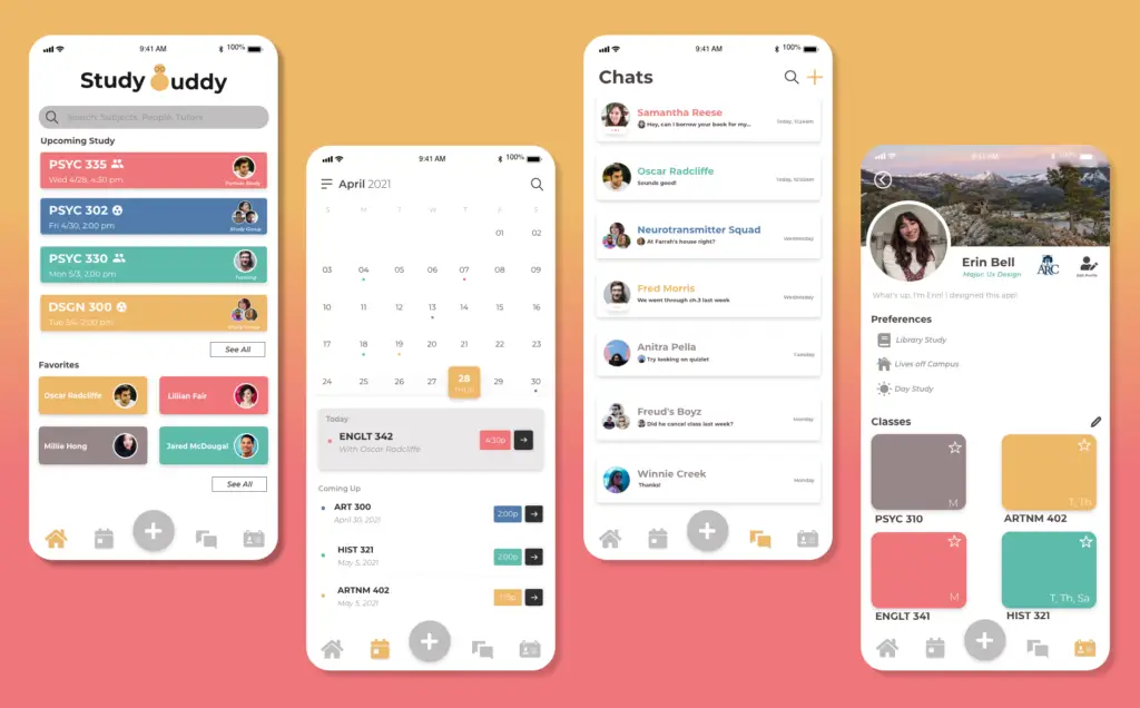 screenshots of Studdy Buddy app screens