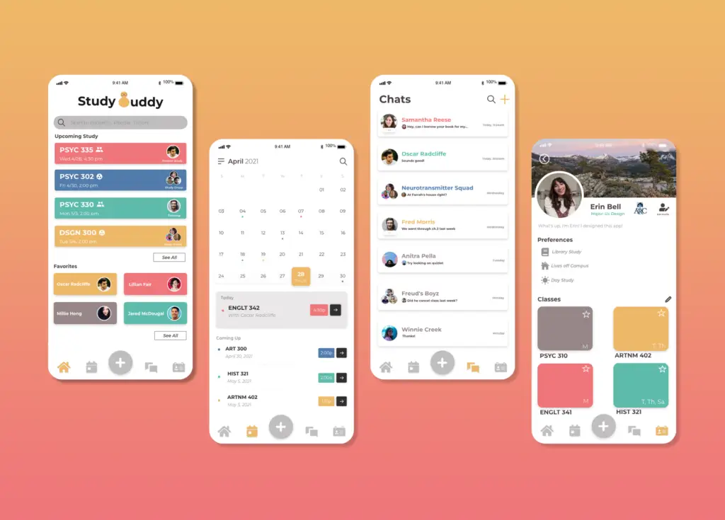 screenshots of studdy buddy app screens