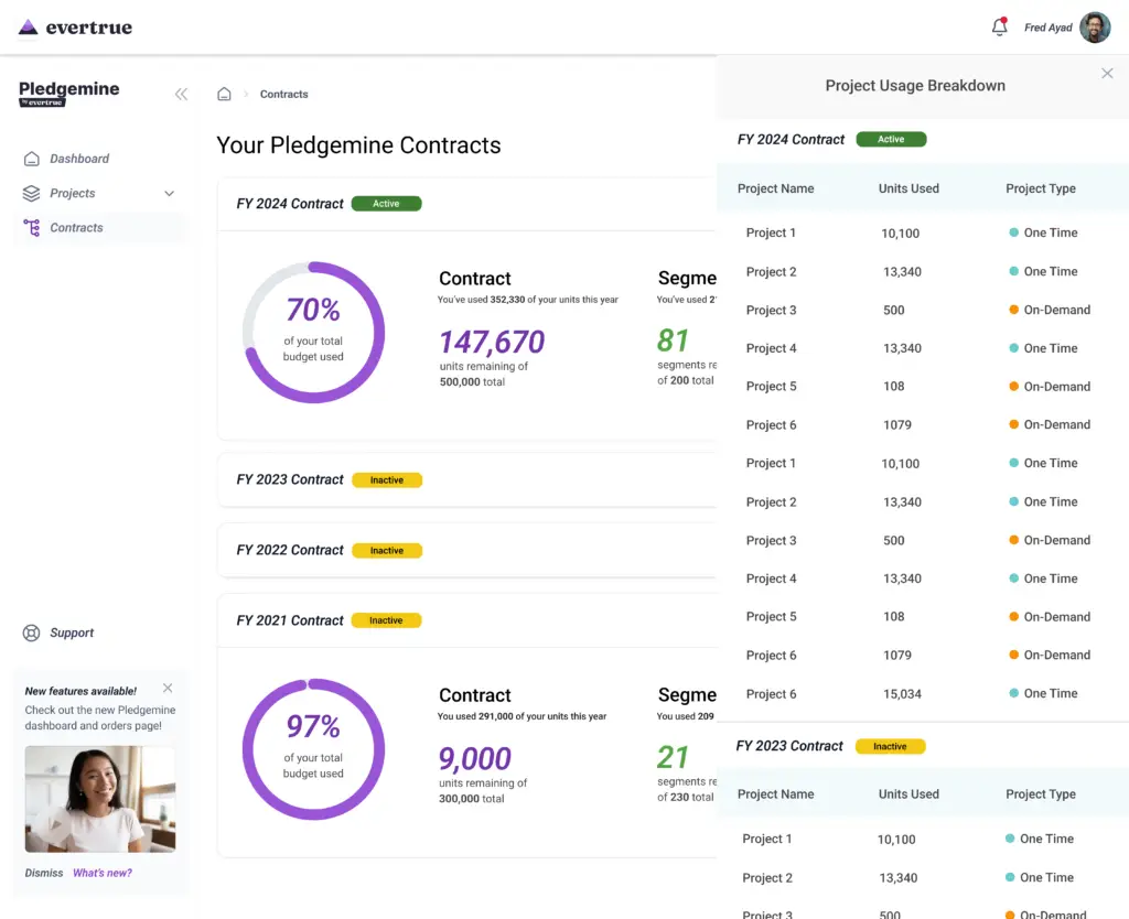 screenshot of Pledgemine "Contracts Page"