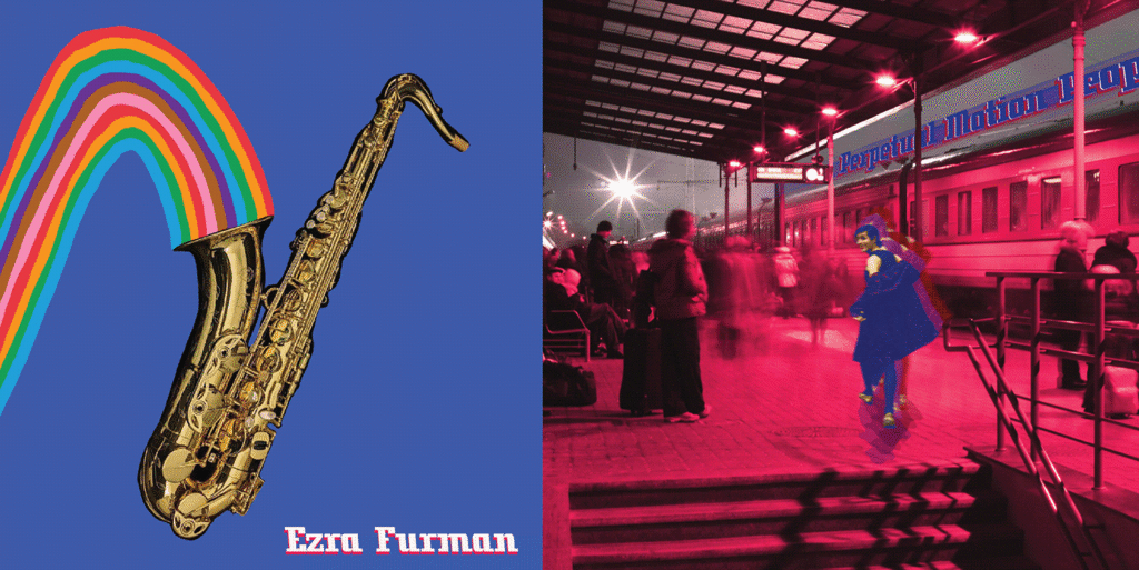 the front and back cover of the redesigned perpetual motion people album, with a saxophone spouting a rainbow on a black background on the left, and the album cover described above n the right